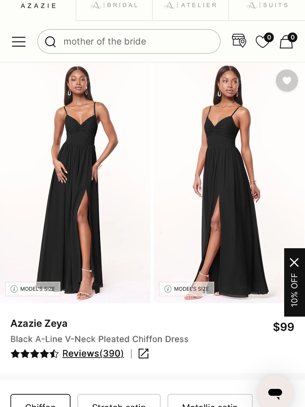 Azazie Black A-Line V-Neck Chiffon Gown with Thigh Slit - Picture 1 of 4